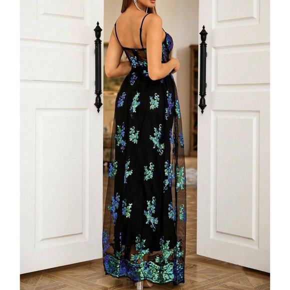 Floral Sequin Mesh Overlay Cami Party Dress - Picture 2 of 6